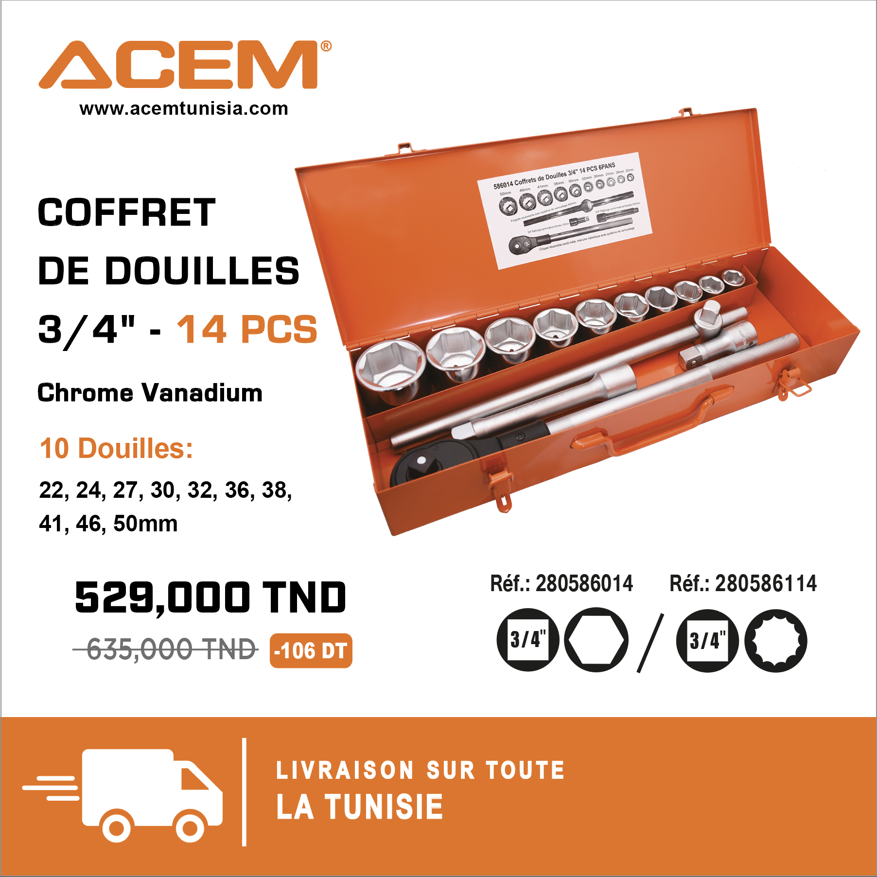 586114 - Coffret de douilles 3/4" 14 pcs 12 pans