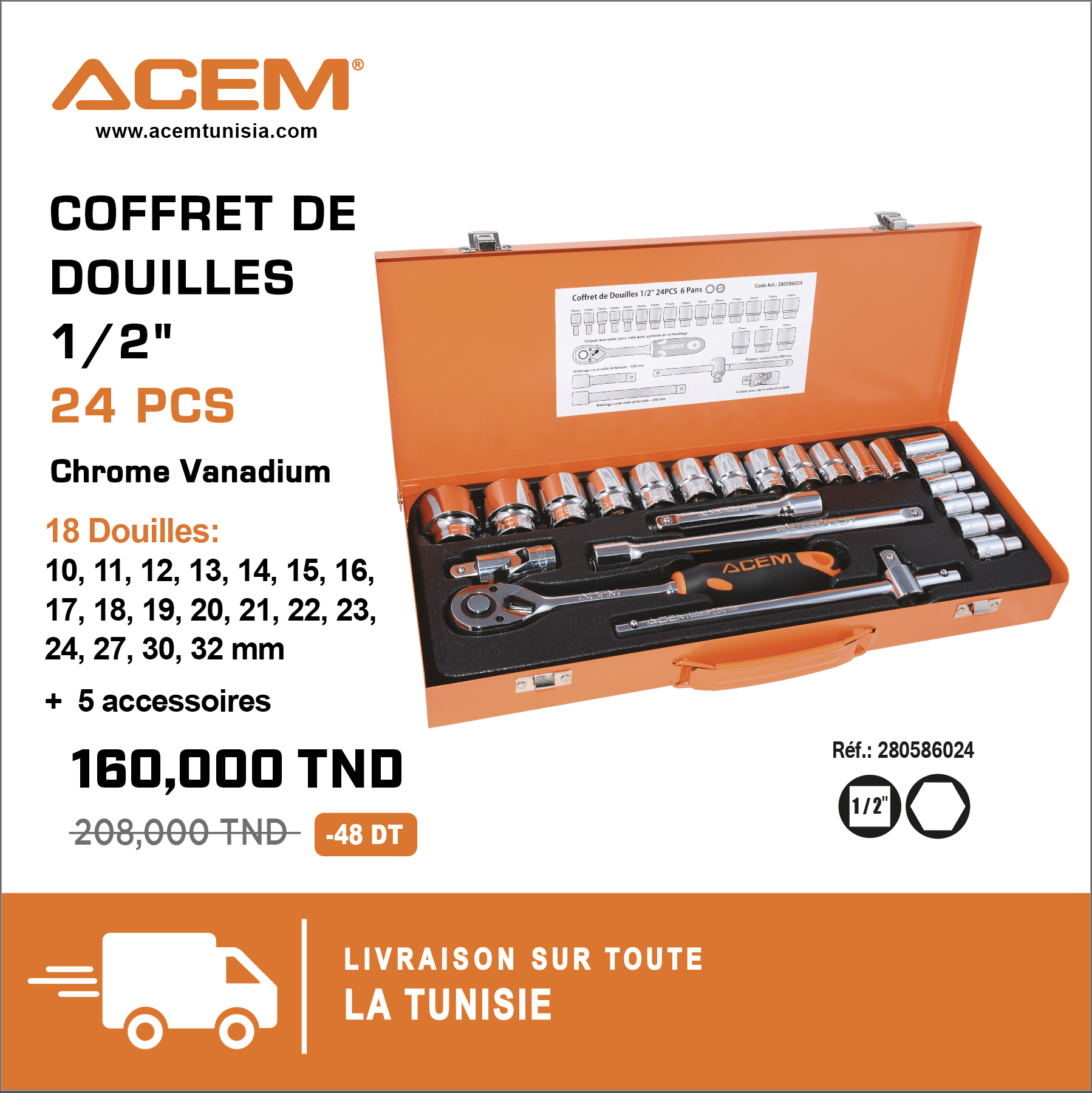 586024 - Coffret de douilles 1/2" 6pans 24pcs