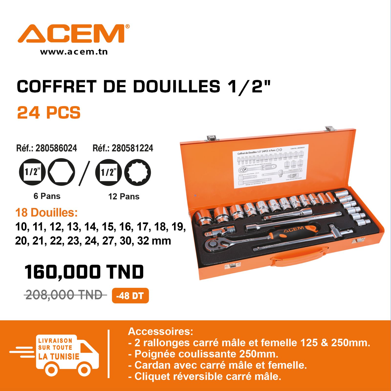 586024 - Coffret de douilles 1/2" 6pans 24pcs
