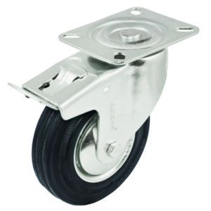 801000 - Roue pivotante avec frein en caoutchouc noir, avec platine à visser