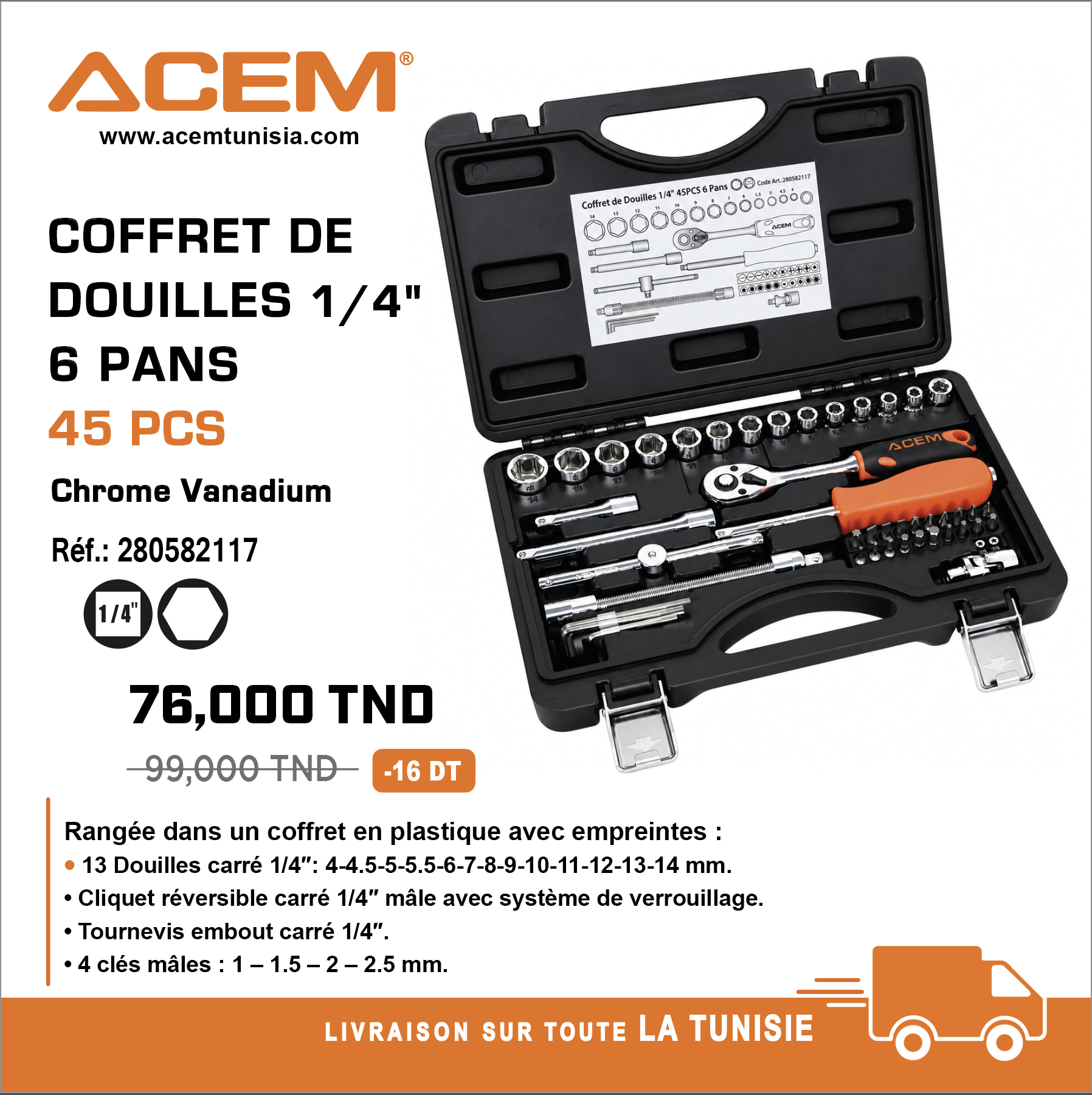 582117 - Coffret de douilles 1/4" 6pans 45pcs